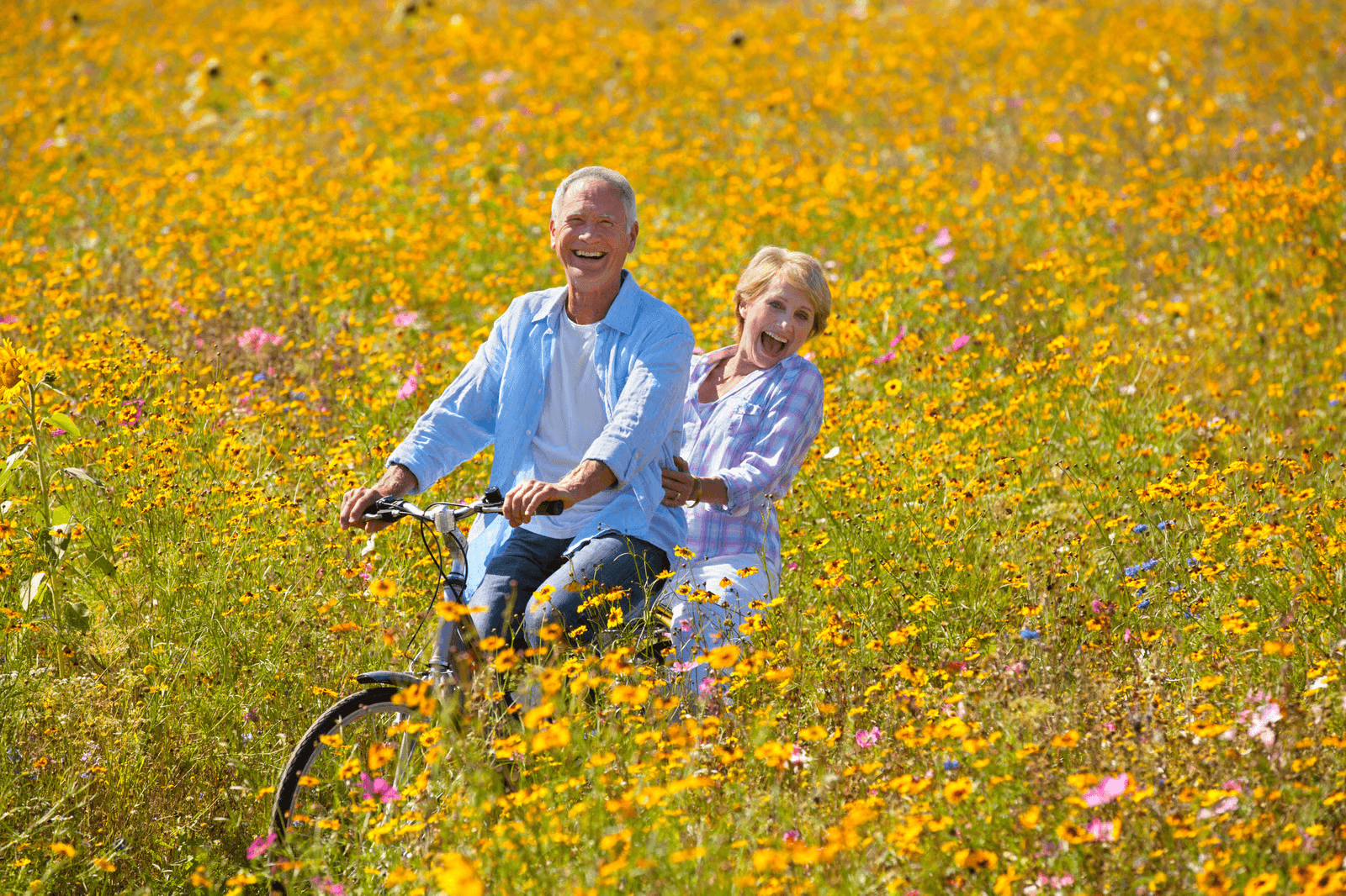 An older man and his granddaughter riding a bike through a field of flowers